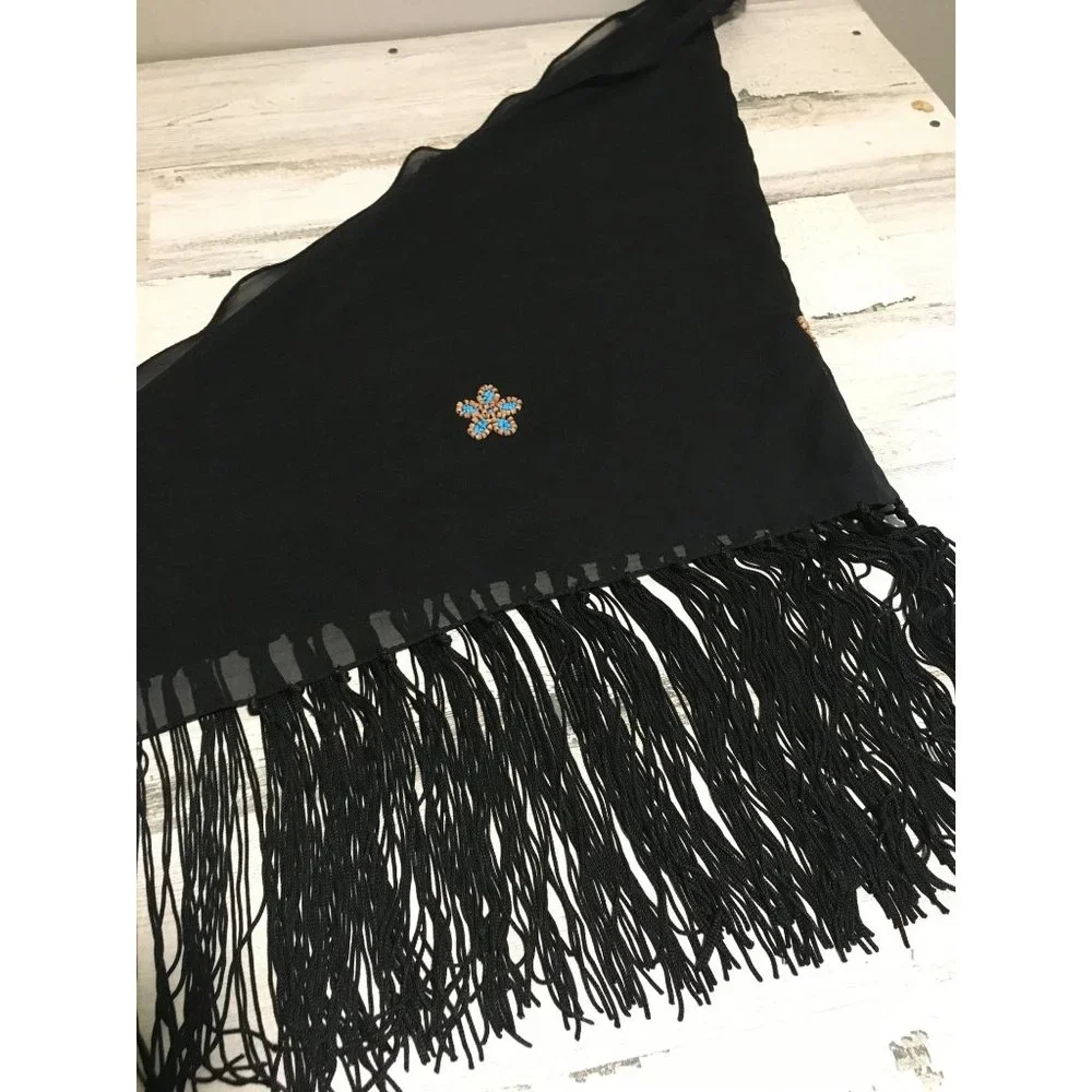 Black sheet polyester triangle scarf fringe and beaded flowers made in India